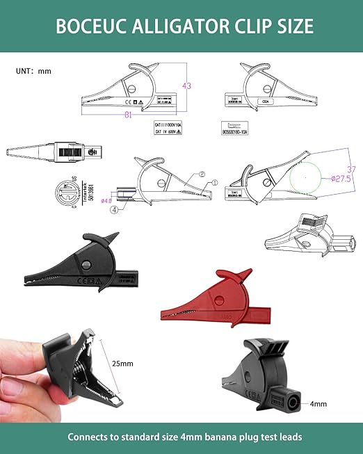 Multimeter Alligator Clips, Heavy Duty Alligator Clips Set Full Insulated with 4mm Banana Jack Socket for Electrical Test