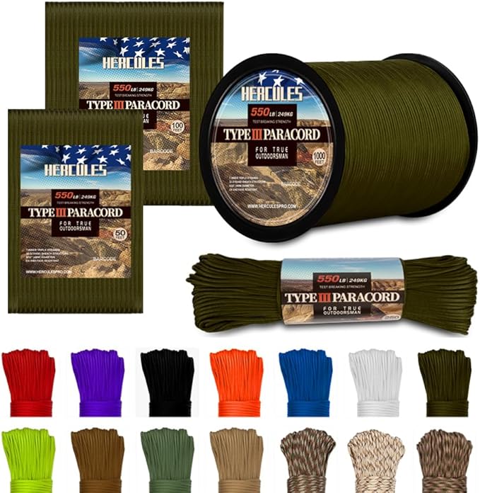 HERCULES Type III Paracord 550 Paracord Rope Parachute Cord, 250' Army Green for Camping Cord, Survival Rope