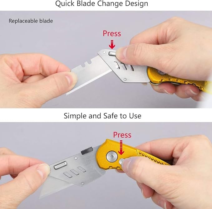 Vickay Folding Utility Knife Box Cutter Utility Blades Heavy Duty with 5 SK5 Quick Change Blades, Safety Axis Lock Design Razor Knife, Lightweight Aluminum Body Belt Clip for Office (yellow)