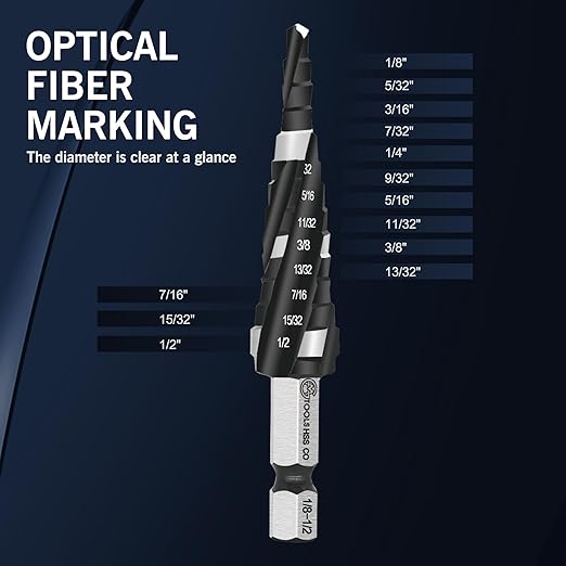 M35 Four Spiral Flute Cobalt Step Drill Bit, 1/8"-1/2" Wear-Resistant TiAlN Coated Four-Flute Step Bit, 1/4" Hex Shank Unibit Step Bit for Metal, Stainless Steel, Aluminum, Wood, Plastic