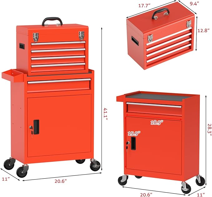 Tool Box with Wheels, 5-Drawer High Capacity Tool Chest with Wheels, Removable Storage Toolbox with Lock for Garage, Workshop and Room Use(Red)