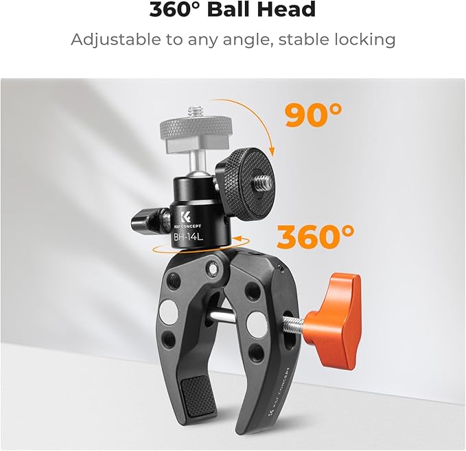 K&F Concept Super Clamp Camera Clamp with 360 Ballhead, Compatible with GoPro/AKASO/Insta360/Pocket 3, 1/4"-20 Screw & Cold Shoe Mount for Camera/Monitor/Light/Microphone