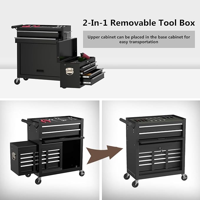 8 Drawer Tools Chest,42.9 inch Tool Cabinet with Universal Lockable Wheels，Organizable Tool Box with Detachable Top Box for Workshop，Black