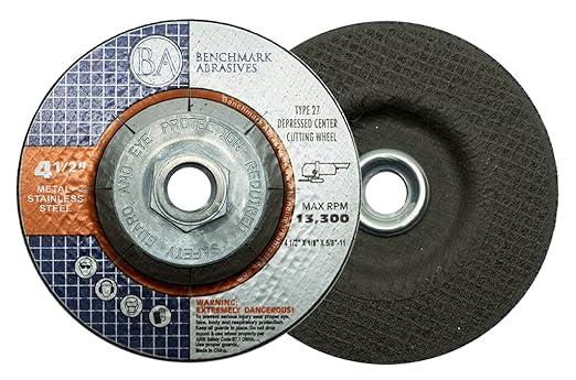 Benchmark Abrasives Grinder Cut Off Wheels 4 1/2 Inch Aluminum Oxide Depressed Center Type 27, 5/8"-11 Threaded Flange, 1/4" Thick Angle Grinder Cutting Disc Grinding Cutting Wheel - 10 Pack