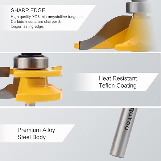 3PCS 1/4" Shank Router Bit Set, Raised Panel Cabinet Door Making Router Bits, Cemented Carbide Router Bits, Woodworking Tools Router Door & Window Bits (Tenon Joint Cutter Diameter: 1-3/4")