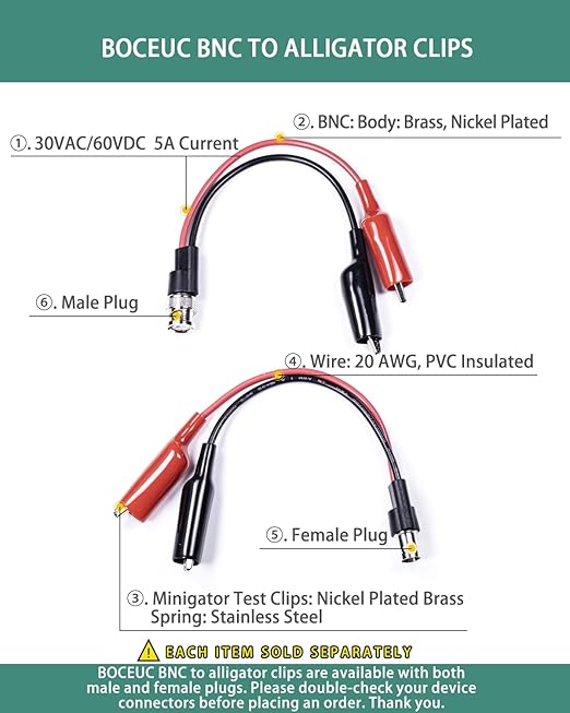 BNC Test Leads, BNC (F) to Alligator Clip, Test Lead Breakout Cable for Multimeter, 5A Current Rating, 1 Pack