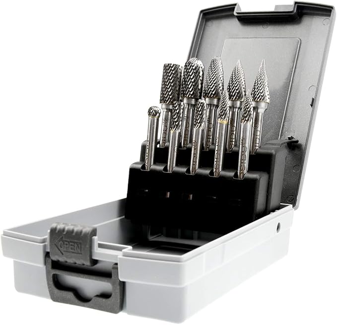 Carbide Burr Set 10pcs Die Grinder Bits 1/2 Inch Cutting Burrs 1/4 Inch Shank Double Cut Carbide Rotary Burr Set for Die Grinder Drill,Metal Carving,Polishing,Engraving,Drilling