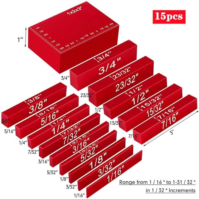 Setup Blocks Height Gauge Set, 15pcs Precision Aluminum Setup Bars for Router and Table Saw Accessories Woodworking Set Up, Bars Include Laser Engraved Size Markings