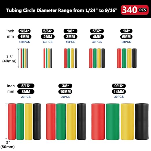 Chanzon 340 Pcs Heat Shrink Tubing Kit, 2:1 Multi-Color Heat Shrink Wrap Tubing with Length 1.5" 3" (inch), Polyolefin Sleeving 2 to 1 Heat-Shrink Tube