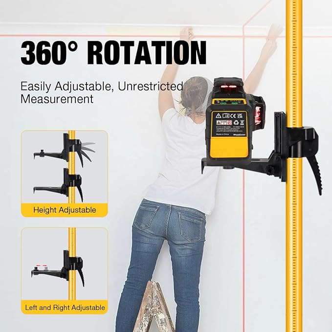 Telescoping Laser Level Pole with Tripod, 12Ft/3.7M Laser Level Stand, Includes 1/4"-20 Laser Mount & 5/8"-11 Adapter for Rotary/Line Lasers