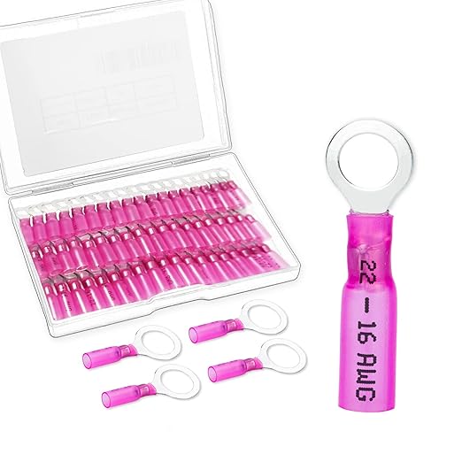 60 PCS Heat Shrink Wire Connectors, 22-16 AWG Ring Terminals, 22-16 Gauge 1/4" Stud(M6) Automotive Marine Ring Connectors by Housun