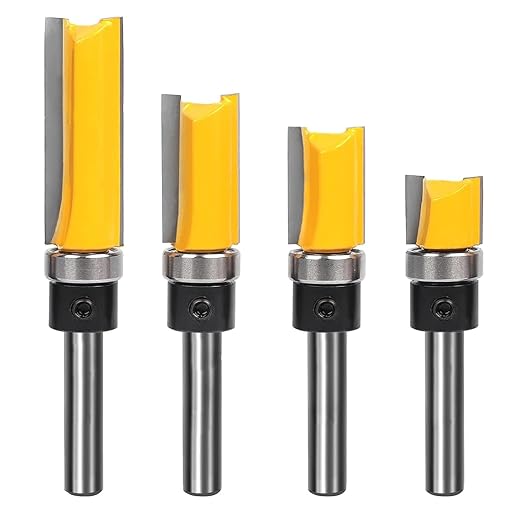 Pattern Flush Trim Bit 4 Pcs Router Bits，Top Bearing Flush Trim Bits Set，1/4 Inch Shank ,Cutting Length 1/2", 3/4", 1", 1-1/2"，Template Guide Woodworking Milling Cutter Tool