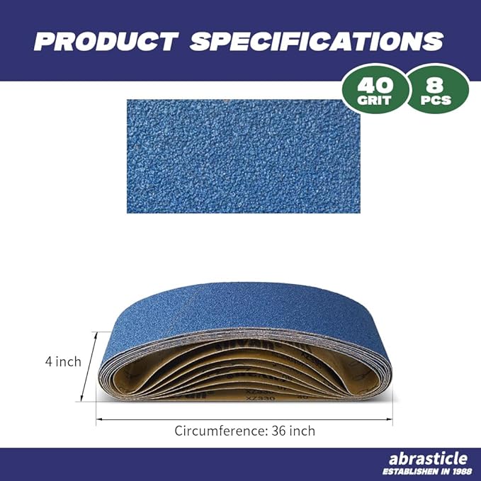 4" x 36" Zirconia Sanding Belts for Metal - 4 x 36 Inch Zirconia Metal Grinding Sand Paper, 8 PCS 40 Grits, Perfect for Knife Blade Sharpening, Metal Polishing, Derusting, Woodworking