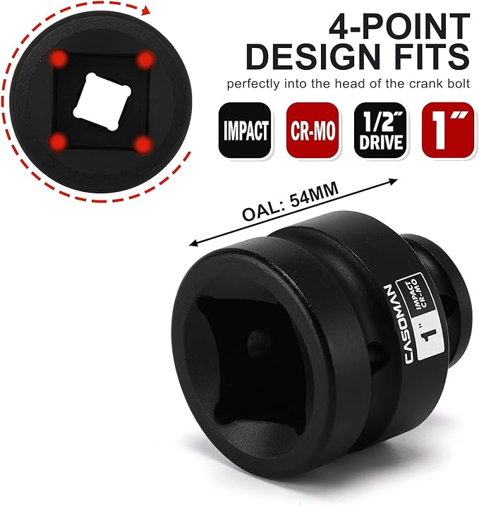 CASOMAN 1/2-Inch Drive x 1-Inch Shallow Impact Socket, SAE, 4-Point Square Socket, 1/2" Drive Axle Nut Socket for Easy Removal of Axle Shaft Nuts, CR-MO