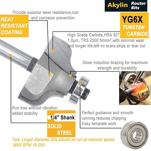 4Pcs Ogee Fillet Router Bit Set,1/4" Shank,Bearing Guided Ogee Mould Bits Radius 4.5mm, 5.7mm,7mm,8.4mm Profile Edge Cutter for Wood Profiling,Routing,Molding