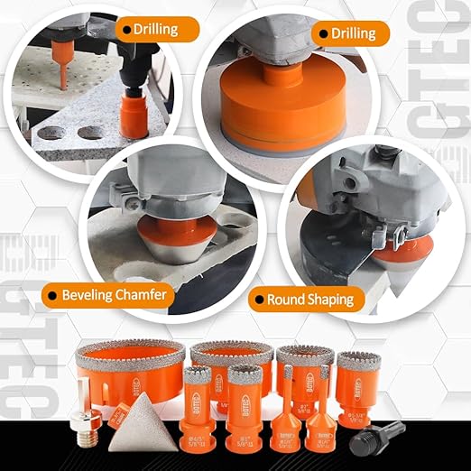 BGTEC Diamond Core Drill Bits-11PCS 5/8-11 Thread Tile Hole Saw 6/6/20/25/35/50/75/100mm+50mm Beveling Chamfer Bit+SDS/HEX Adapter for Pocelian Tile Ceramic Marble Granite Stoneware