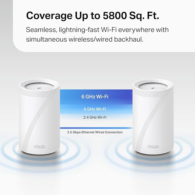 TP-Link Deco BE63 Tri-Band WiFi 7 BE10000 Whole Home Mesh System- 6-Stream 10 Gbps, 4x2.5G Ports Wired Backhaul, 4X Smart Internal Antennas, VPN, MU-MIMO, HomeShield, Free Expert Support (2-Pack)