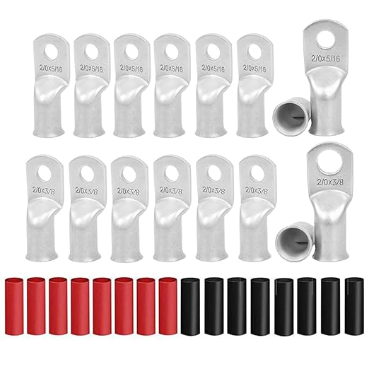 8Pcs 2/0 AWG 3/8" Stud and 8Pcs 2/0 AWG 5/16" Stud Heavy Duty Tinned 2/0 Copper Wire Lugs with 16Pcs Heat Shrink Tubing Ring Terminals 2/0 Battery Cable Ends Bare Copper Eyelets