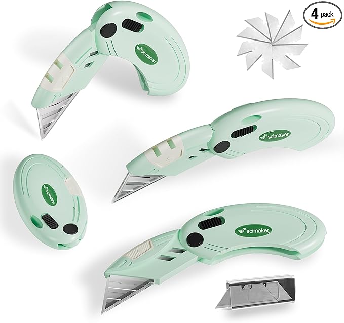 4 Pack Folding Utility Knife with 10 Extra Blades,Box Cutters with Button Lock Mechanism,Navajas Para Trabajo for Home,Office and Warehouse,Green.
