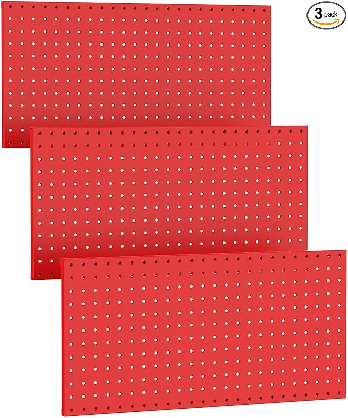 TORACK 3Pcs Metal Pegboard Panels(12x24 inch) for Wall Garage Tools Storage Pegboard System for Workbench, Modular Peg Board Tool Organizer Board Kit(Pack of 3, Red)