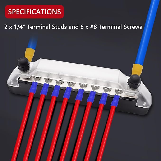 150A 12V Bus Bar Marine, 1/4" Power Distribution Block, Battery Buss Bar, Automotive Busbar Terminal Block for Car and Boat, 2 x 1/4" Posts, 8 x #8 Screws Terminals (Black+Red)