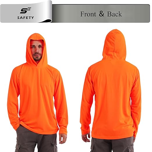 Breathable Work Long Sleeve Sun Shirt Hoodie, Sun Protection Shirts Quick Dry Hooded, Mens Construction Shirts with Hood Lightweight Orange XL