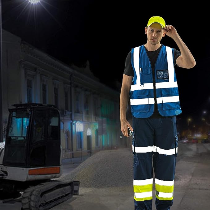 A-SAFETY Blue High Visibility Reflective Safety Vest,Hi Vis Bright Neon Color with 4 Reflective Strips 8 Pockets,X-Large