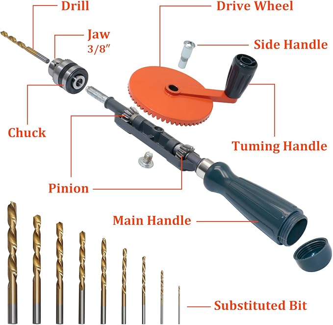 CheeMuii Powerful Speedy Hand Drill 3/8 Inch Manual Drill with 9 Pcs Drill Bit Set Chuck and Key for Wood Plastic Soft Metal