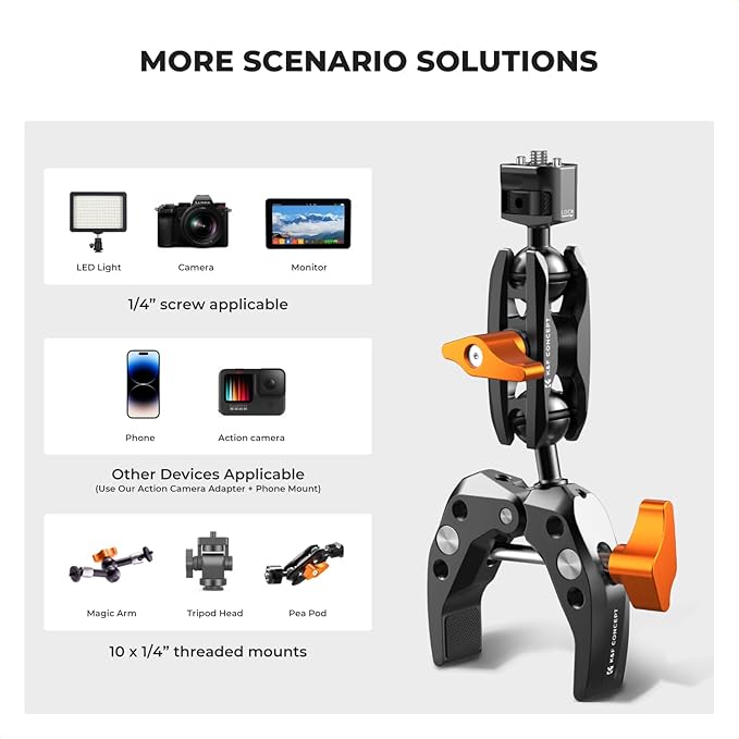 K&F Concept Camera Clamp Mount, Super Clamp Mount Magic Arm with Two 360° Ball Heads, 1/4" Screw Threads for ARRI Compatible with DSLR, Action Camera, Tripod, Phone for Gopro/Insta360