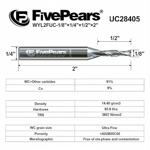 FivePears Up Cut Spiral Router Bit for CNC, 1/8 inch Cutting Diameter and 1/2 inch Cutting Length 1/4 inch Shank Carbide End Mill Router Bit for Wood Carving Engraving Grinding Grooving