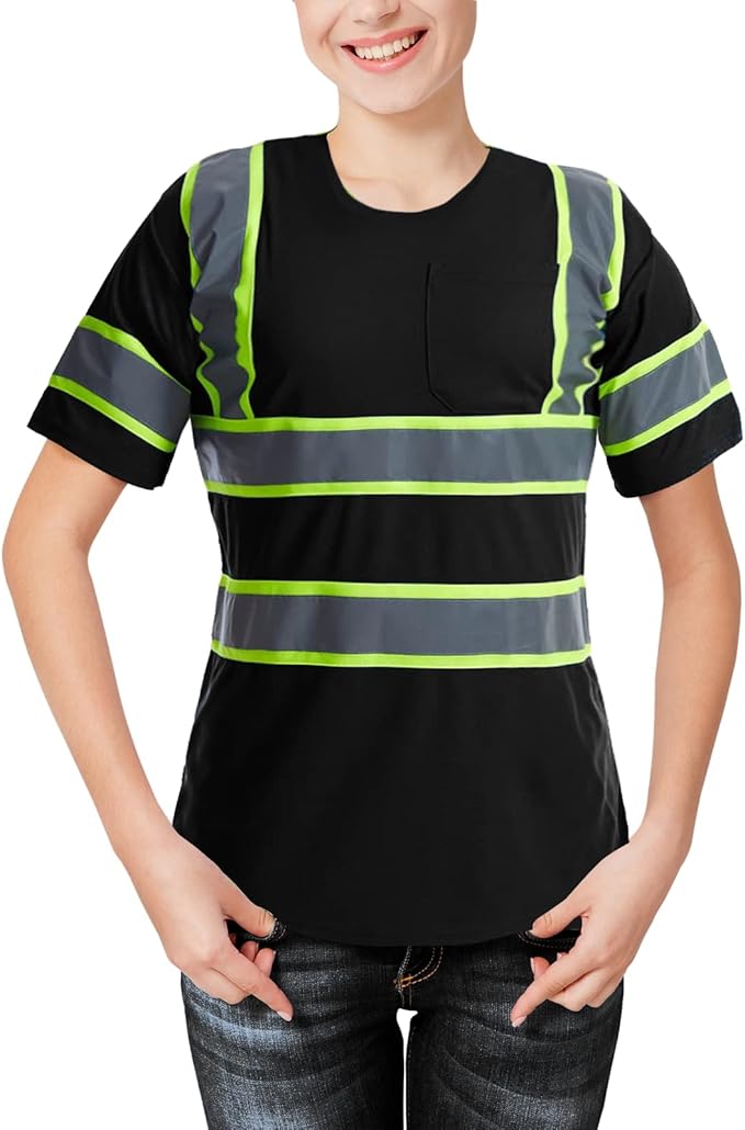 High Visibility Shirts Quick Dry Safety T Shirts with Reflective Strips and Pocket Short Sleeve Mesh Hi Vis Construction Work Class 2 Shirt for Men/Women Black,4XL