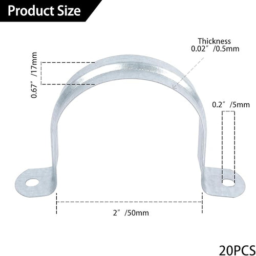 20 PCS 2 Inch Reinforced Rigid Pipe Strap, 2 Holes U Bracket Cable Clamp Hanger, Zinc Coated Tension Tube Clip, Conduits Strap Clamps for Pipe Fixing on Various Surfaces, 20 PCS(50 mm)