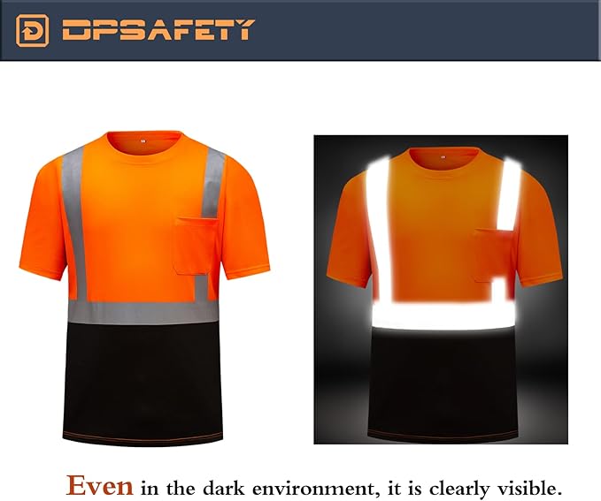High Visibility Shirts Quick Dry Safety T Shirts with Reflective Strips and Pocket Short Sleeve Mesh Hi Vis Construction Work Class 2 Shirt for Men/Women Black Bottom Orange,3XL