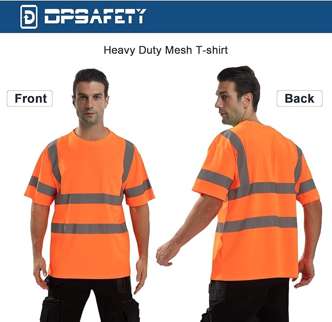 High Visibility Class 3 T Shirts，Hi Vis Safety Shirts with Reflective Strips and Pocket, Short Sleeve Quick Dry Mesh Construction Work Shirt for Men/Women Orange,Large