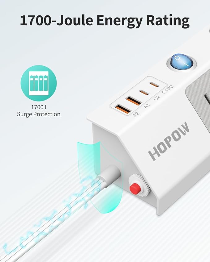 Flat Plug Power Strip with Individual Switches, 10 Ft Ultra Thin Flat Extension Cord, 5-Outlet Surge Protector with 2 USB-C (20W PD) & 2 USB-A, 1700 Joules, Wall Mount for Home Office, White
