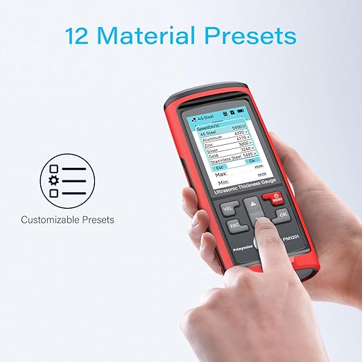 Ultrasonic Thickness Gauge PM1201,Range 0.039 to 11.811 inch, Digital Metals Thickness Tester with Type-C Charging, Data Storage for Steel, Metals, Plastic, Glass, PVC, Pipes