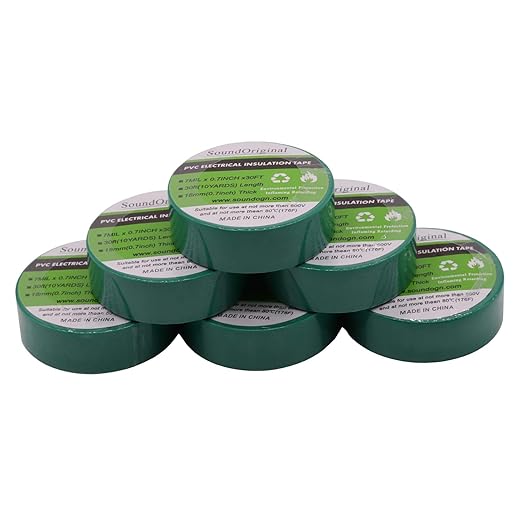 Electrical Tape Green 6 Pack 3/4-Inch by 30 Feet, Voltage Level 600V Dustproof, Adhesive for General Home Vehicle Auto Car Power Circuit Wiring Green