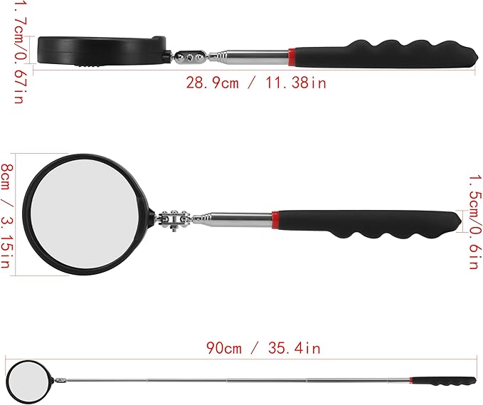 Telescoping Inspection mirror with Lighted,extendable Round Mirror on a stick for Checking Vehicle, Observing and Small Parts Extended Mechanic Tool for Automotive and Shower Use mirror