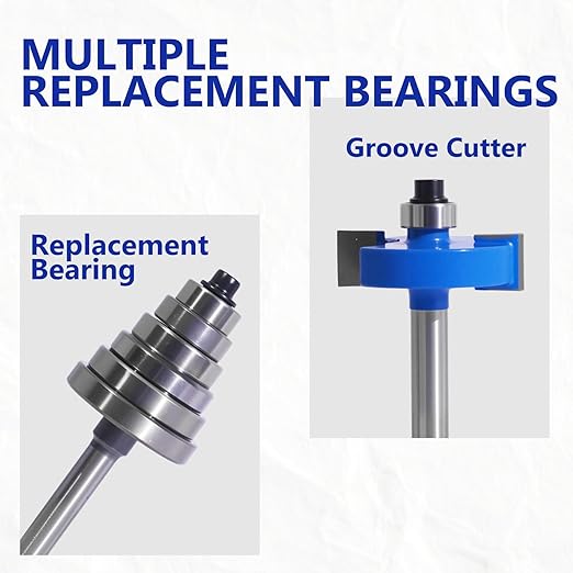 MNA 4Pcs Rabbet Router Bits 1/4" Shank with 6 Bearings Set, 1/16", 1/8", 3/16", 1/4", 5/16", 3/8" Bearings, Interchangeable Bearings with 1/2" to 1/4" Router Collett, Slot Router Bits