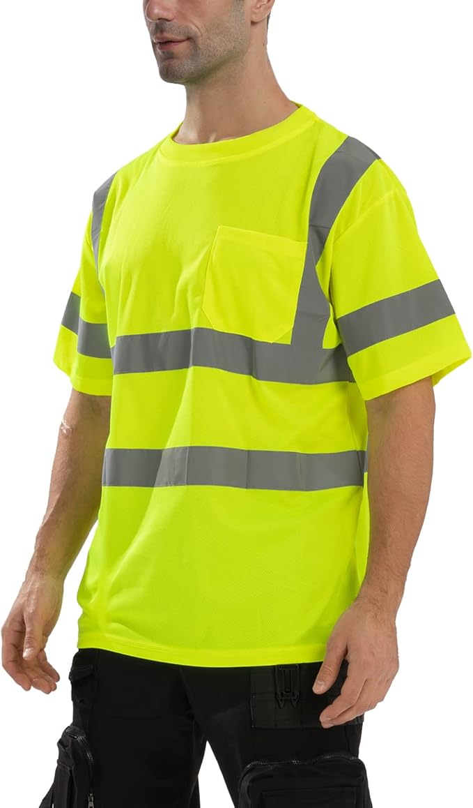 High Visibility Class 3 T Shirts，Hi Vis Safety Shirts with Reflective Strips and Pocket, Short Sleeve Quick Dry Mesh Construction Work Shirt for Men/Women Lime,Small