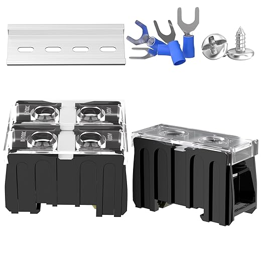 2Pcs DIN Rail Terminal Blocks with Cover, IN100BK 600V 130A 38mm² Electrical Connection Terminals, 4Pcs 12-10 AWG Insulated Fork Spade Wire Connectors & 3.15 Inch DIN Rail Included
