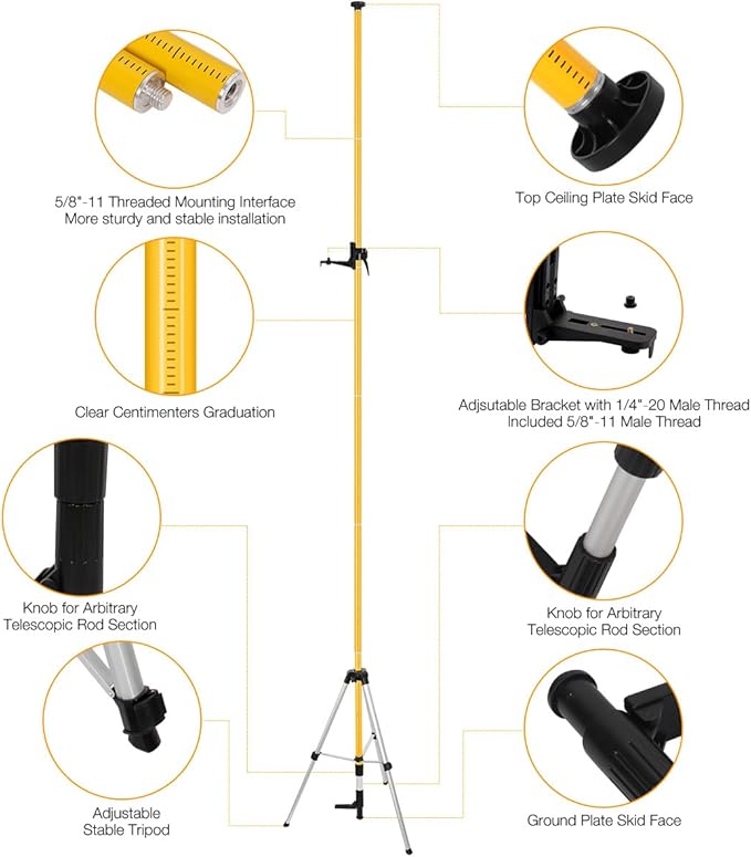 13.8Ft/4.2M Professional Telescoping Laser Level Pole with Tripod & Laser Mount - 1/4"-20 & 5/8"-11 Adapters, Adjustable Laser Pole Mount for Rotary/Line Lasers