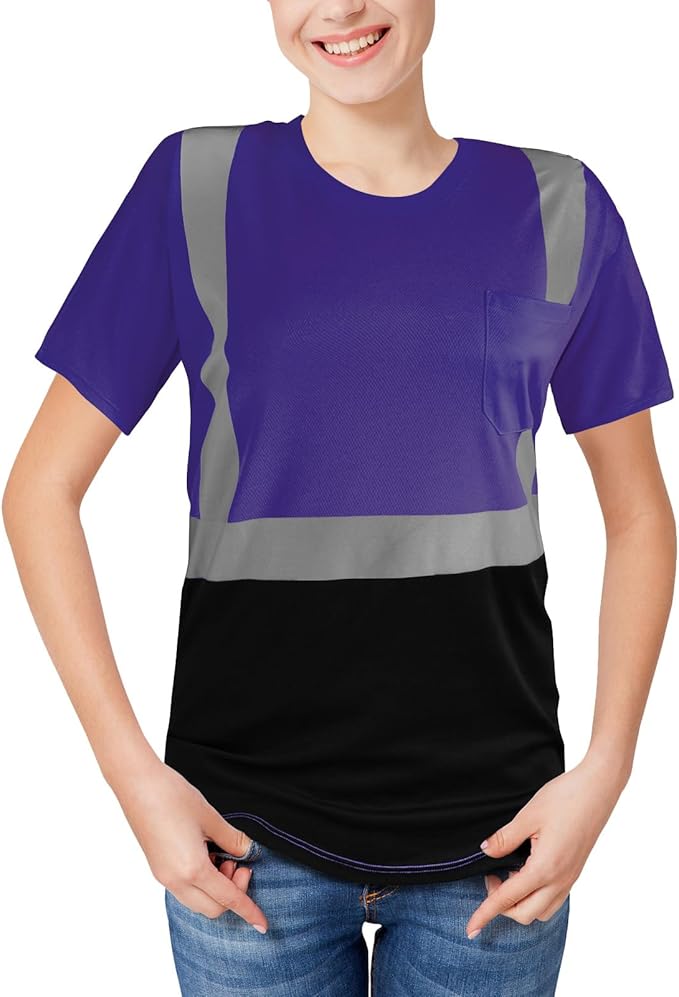 High Visibility Shirts Quick Dry Safety T Shirts with Reflective Strips and Pocket Short Sleeve Mesh Hi Vis Construction Work Class 2 Shirt for Men/Women Black Bottom Purple,Small
