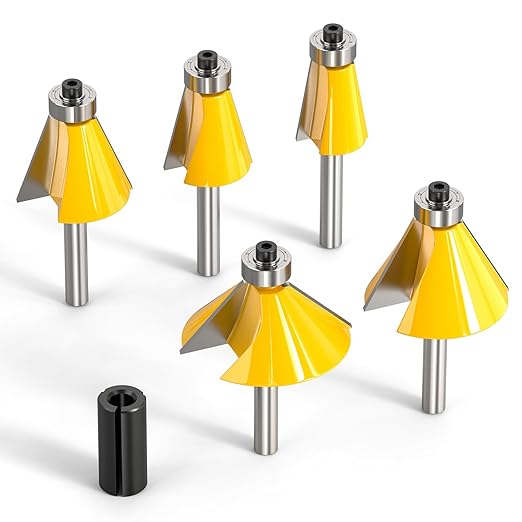 5PCS Chamfer Router Bit Set 1/4 Inch Shank Dish Carving Router Bits with Top Bearing for Woodworking, 11.25, 15, 22.5, 30, 45 Degree