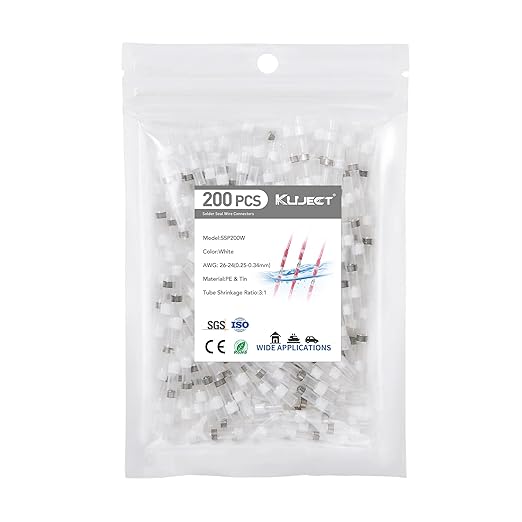 Kuject 200PCS Solder Seal Wire Connectors AWG 26-24, White Solder Seal Heat Shrink Butt Connectors Terminals Solder Sleeve Waterproof Wire Splice Connector for Marine Boat Wire Joint