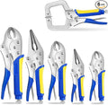 6-Piece Locking Pliers, Heavy Duty Vice Grips Set, 5", 7" & 10" Curved Jaw & 6-1/2" & 9-1/2" Long Nose, 6" C-Clamp, for Welding and Metal Bending.