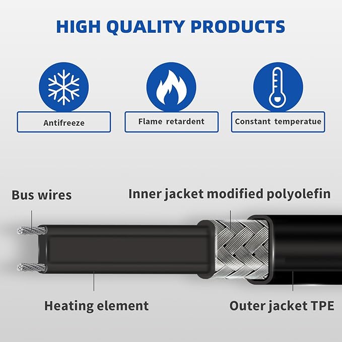 60FT Heat Cable for Water Pipes, Prevent Freezing & Easy Installation, Water Pipe Heat Cable With Thermostat Self-Regulating, Pipe Heating Trace System 120 V