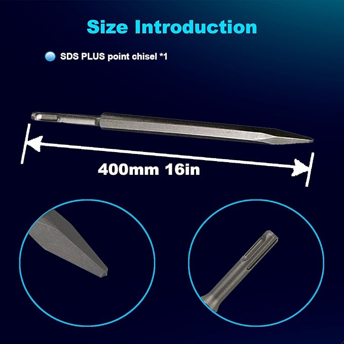 16-Inch SDS Plus Chisel, Point Chisel with Sds Plus Shank Ideal for Concrete Demolition, Tile Removal Chisel Tool for SDS Plus Hammer Drill Attachment