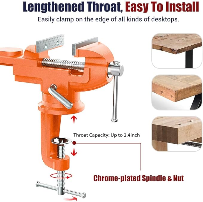 Nuovoware Table Vise 3 Inch, 360° Swivel Base Universal Home Vise Portable Bench Clamp, Clamp-on Vise Bench Clamps Fixed Tool for Woodworking, Metalworking, Cutting Conduit, Drilling, Sawing, Orange