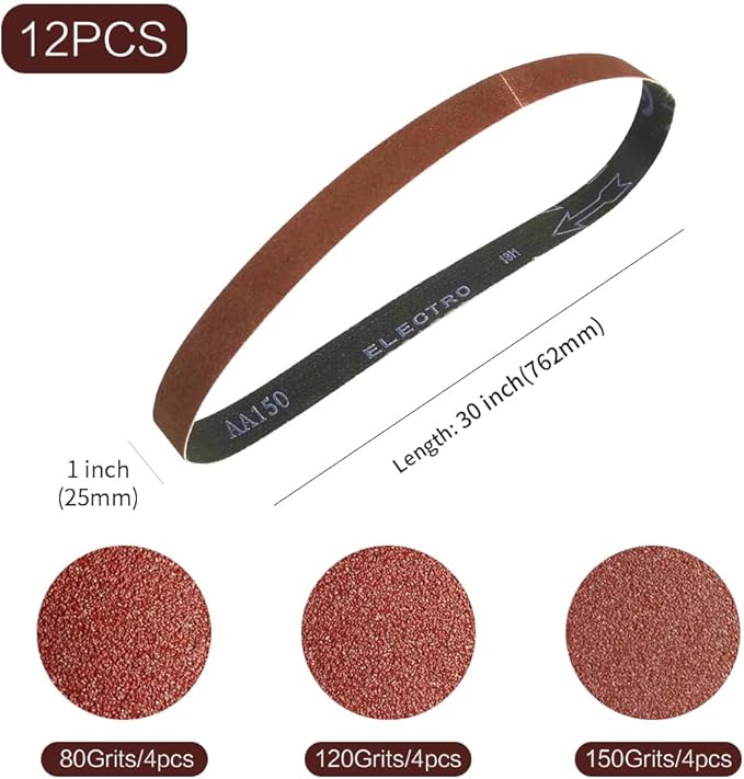 1x30 1 x 30 inch Sanding Belt Pack 1-Inch x 30-Inch,12 Pcs(4 Each of 80 120 150 Grits) Aluminum Oxide for Sander